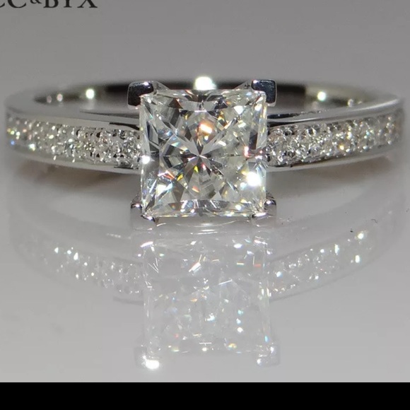 *14K White Princess Square Diamond Engagement Ring - Picture 1 of 6